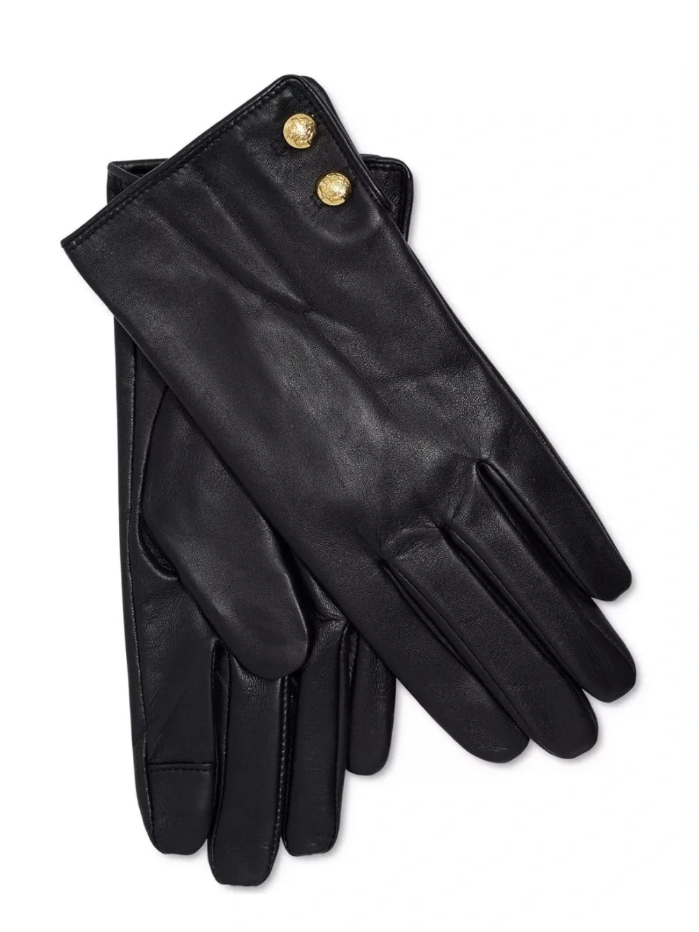 Ralph Lauren Black Leather Gloves with Gold Medallion Buttons